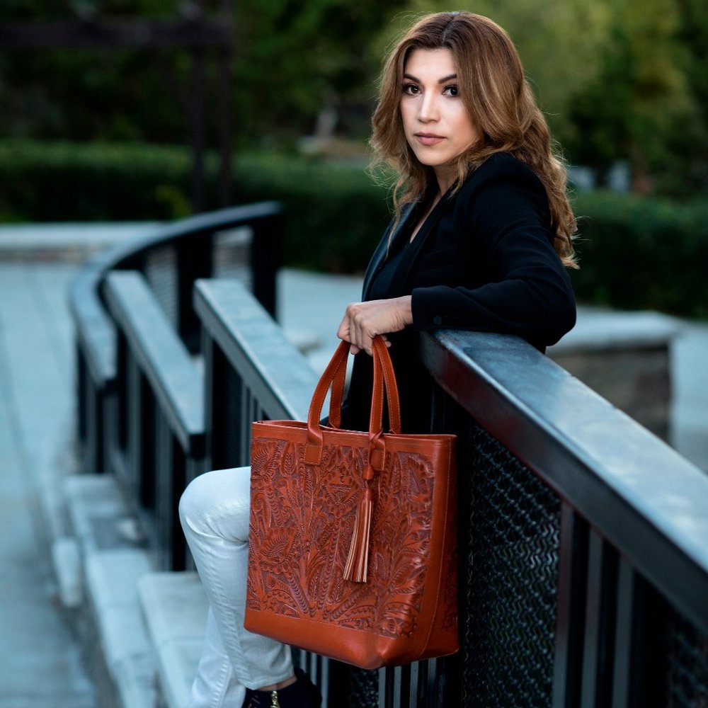 Tooled leather tote